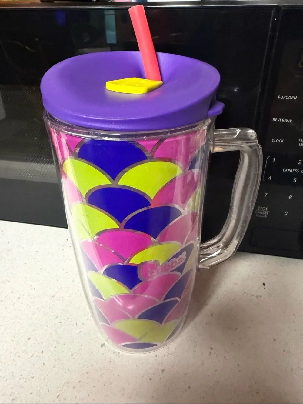 Purple Lid Double-Wall Travel Tumbler with Straw - Colorful Scale Pattern
